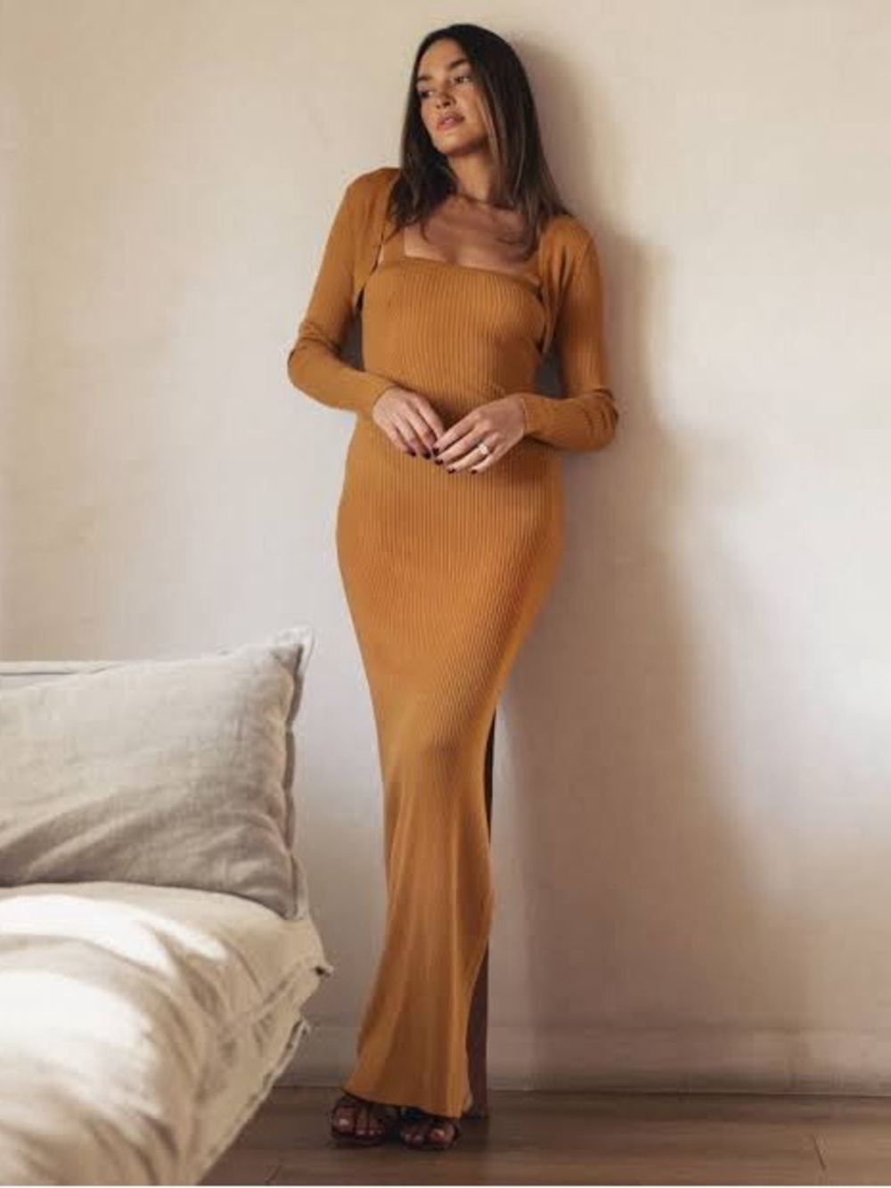 Splendid by Rachel Love Ribbed Square-Neck Long Sleeve Maxi Dress with shrug NEW